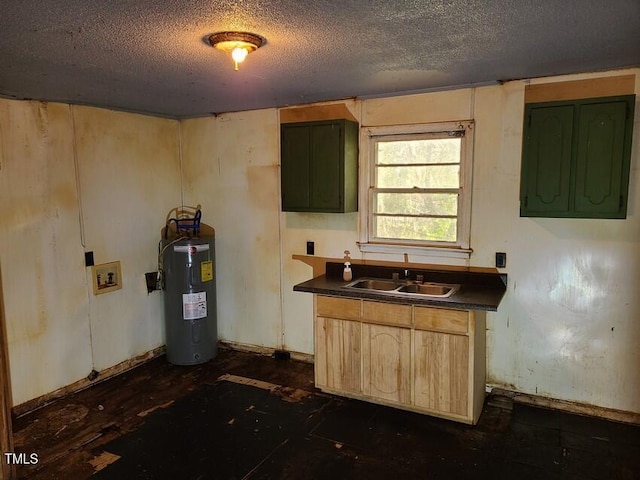 kitchen featuring light brown cabinetry, electric water heater, sink, and a textured ceiling