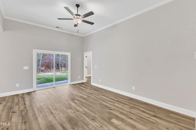 empty room with light hardwood / wood-style floors, ceiling fan, and ornamental molding