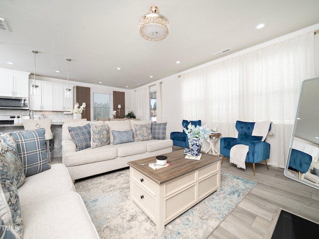 living room with crown molding, sink, and light hardwood / wood-style floors