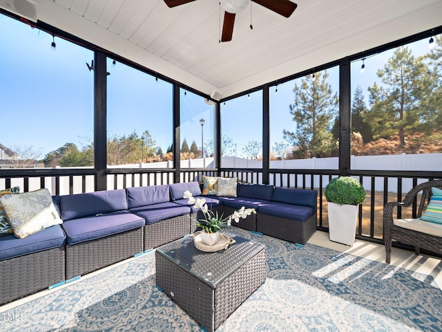 sunroom / solarium featuring ceiling fan and wood ceiling