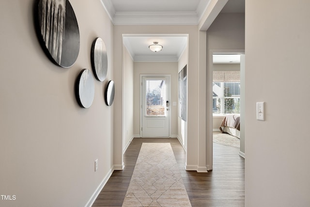 doorway to outside featuring ornamental molding and dark hardwood / wood-style floors