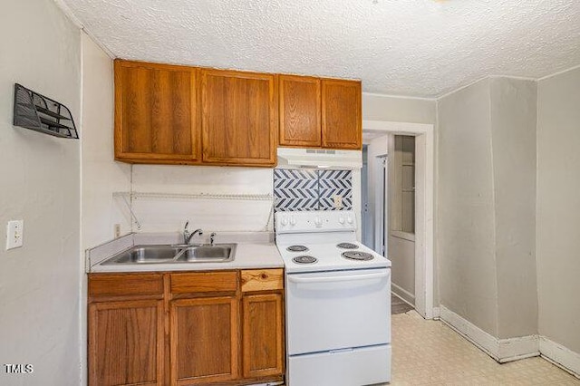 kitchen with white range with electric cooktop, ventilation hood, sink, and a textured ceiling