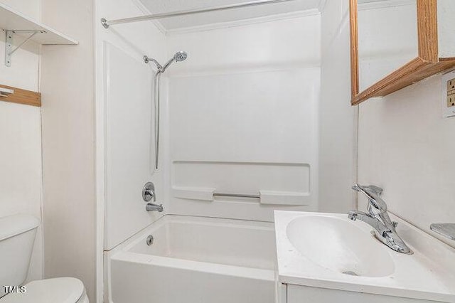 full bathroom with vanity,  shower combination, and toilet