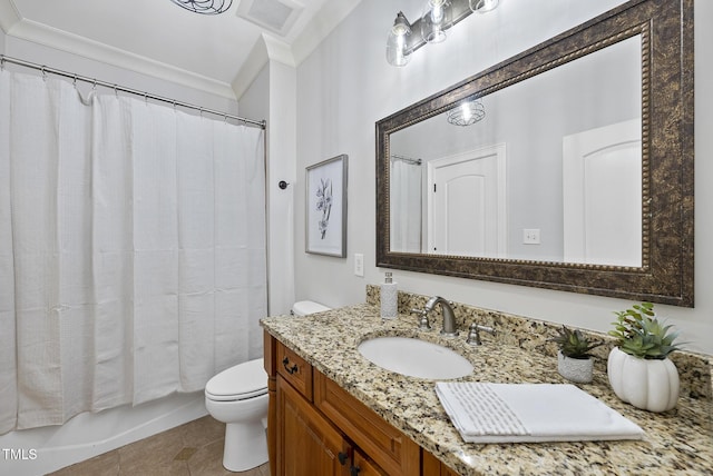 full bathroom with toilet, vanity, tile patterned flooring, shower / bath combo, and crown molding