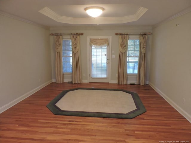 interior space featuring a raised ceiling, wood-type flooring, and crown molding