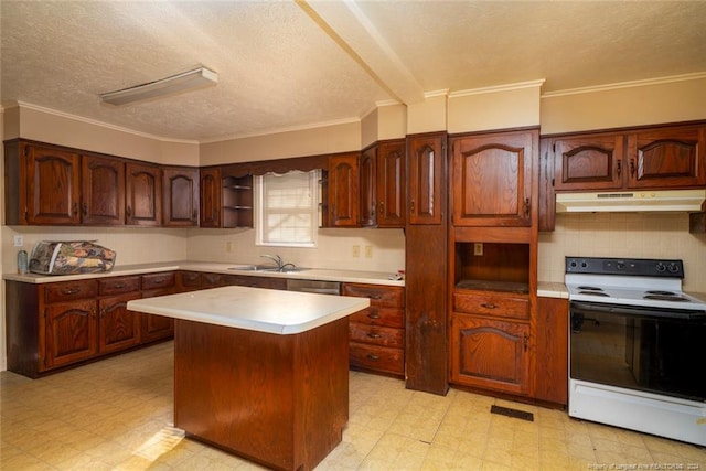 kitchen with white electric range oven, a textured ceiling, crown molding, sink, and a center island