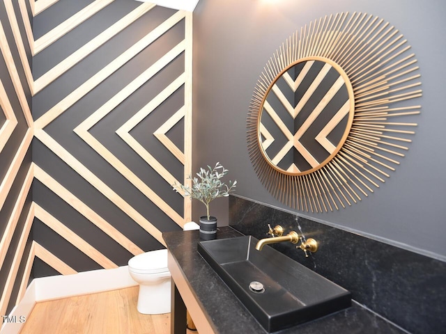 bathroom featuring vanity, wood-type flooring, and toilet