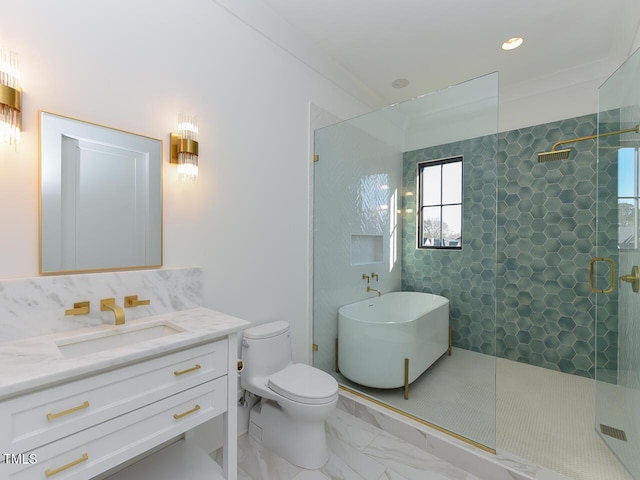 full bathroom featuring separate shower and tub, vanity, ornamental molding, and toilet