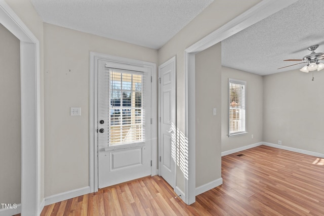 entrance foyer featuring a healthy amount of sunlight, a textured ceiling, and light hardwood / wood-style floors