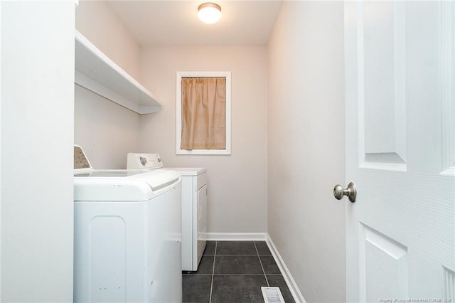 clothes washing area featuring separate washer and dryer and dark tile patterned flooring