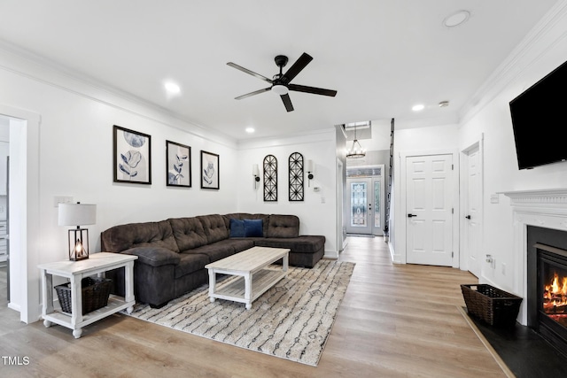 living room featuring ceiling fan, ornamental molding, and light wood-type flooring