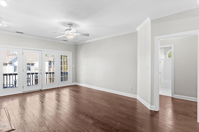 unfurnished room with ceiling fan, ornamental molding, dark wood-type flooring, and a wealth of natural light