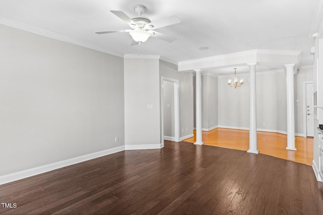 interior space featuring hardwood / wood-style flooring, ceiling fan with notable chandelier, ornamental molding, and decorative columns