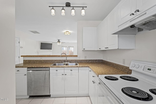 2248 Ventana Ln, Raleigh, NC 27604 - kitchen featuring white electric range oven, dishwasher, under cabinet range hood, ceiling fan, and white cabinets
