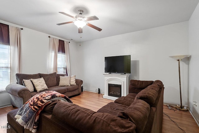 living room with wood-type flooring and ceiling fan