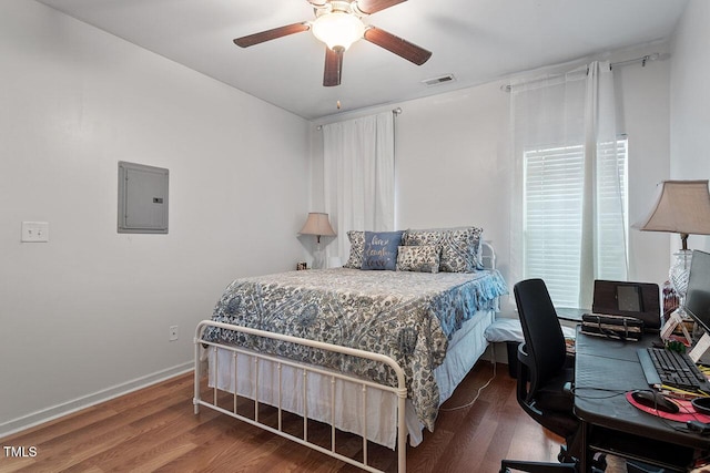 bedroom featuring electric panel, ceiling fan, and dark wood-type flooring