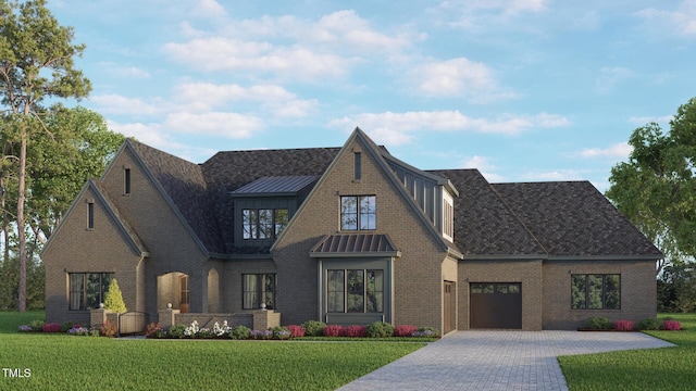 view of front of home with a garage, a front lawn, decorative driveway, and brick siding