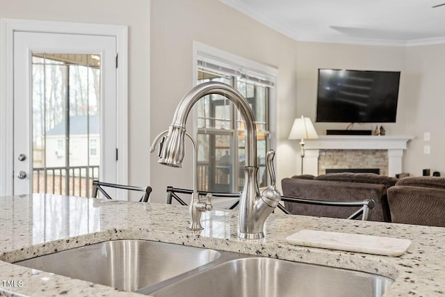 interior details featuring sink, light stone countertops, and crown molding