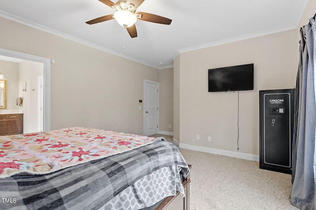 bedroom with ceiling fan, crown molding, light carpet, and ensuite bath