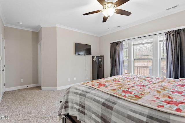 carpeted bedroom with access to exterior, ceiling fan, and crown molding