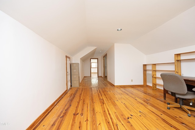 540 Patterson Dr, Chapel Hill, NC 27516 - office featuring baseboards, lofted ceiling, visible vents, and light wood-style flooring