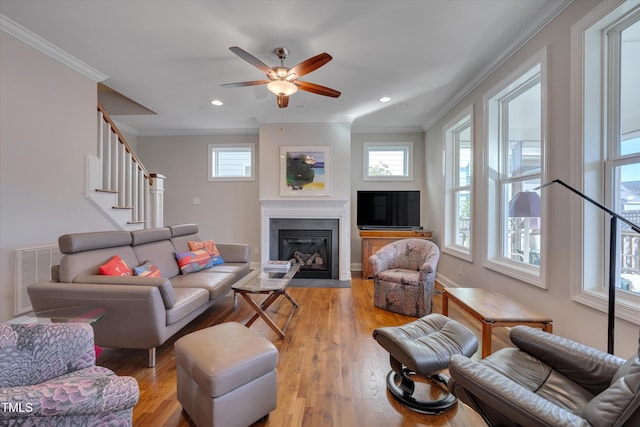 living room featuring light wood-type flooring, ceiling fan, and crown molding