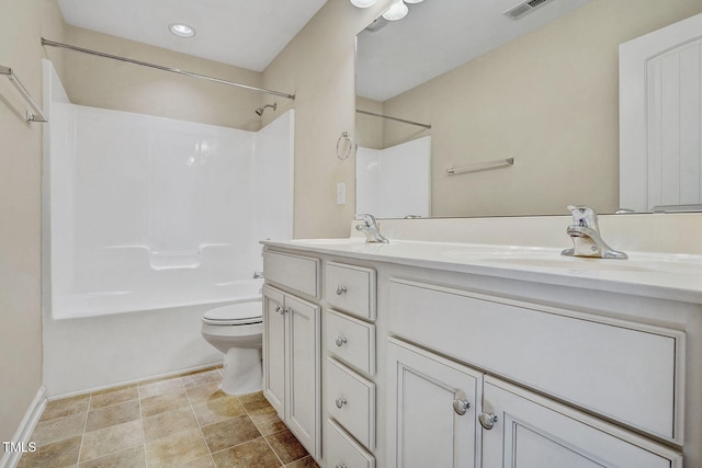 full bathroom featuring bathing tub / shower combination, vanity, and toilet