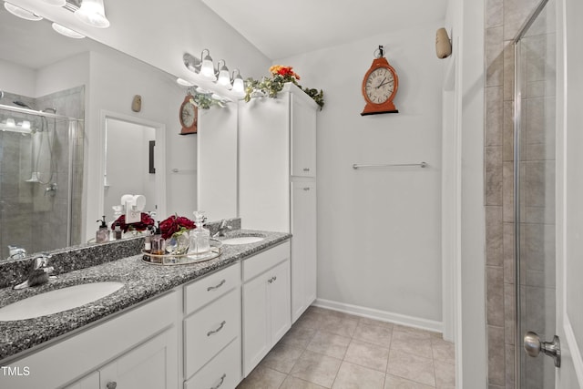 bathroom with tile patterned flooring, vanity, and a shower with door