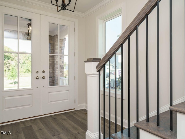 1809 Bright Lantern Way, Wendell, NC 27591 - entryway featuring ornamental molding, dark wood-style floors, a chandelier, french doors, and stairway
