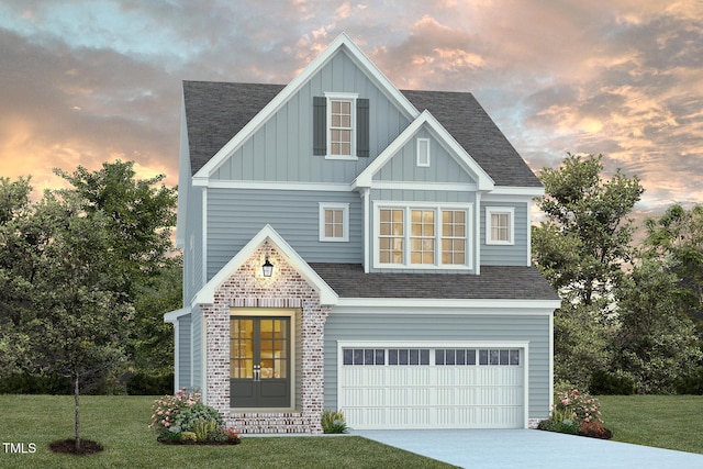 1809 Bright Lantern Way, Wendell, NC 27591 - view of front facade with roof with shingles, board and batten siding, an attached garage, french doors, and a front yard