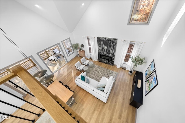 living room featuring high vaulted ceiling, wood-type flooring, and a premium fireplace