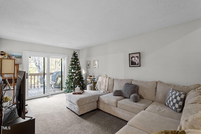 carpeted living room with a textured ceiling