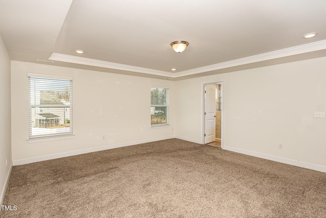 empty room featuring carpet, a tray ceiling, and ornamental molding