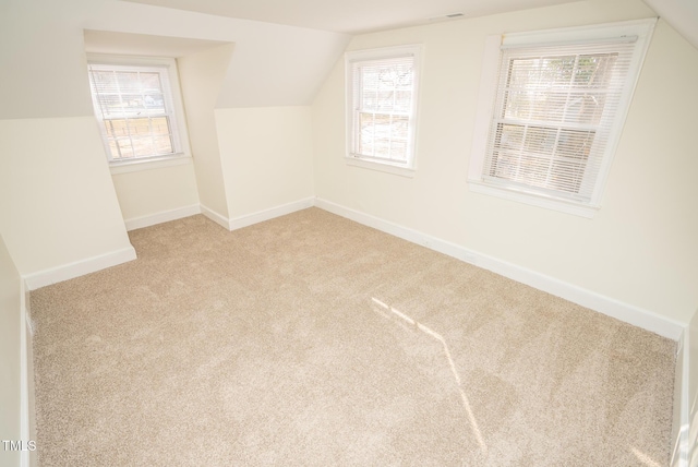 additional living space with light carpet and vaulted ceiling