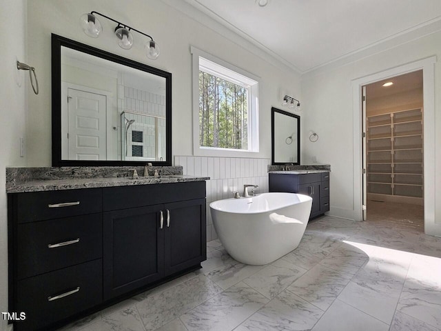 bathroom featuring shower with separate bathtub, vanity, and crown molding