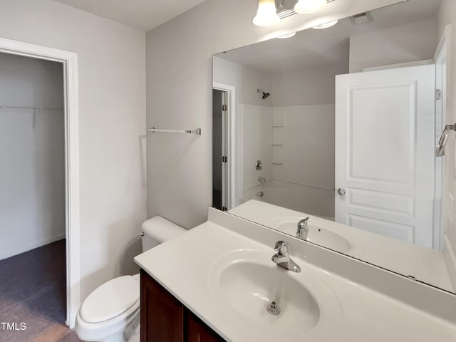 full bathroom with vanity, shower / bath combination, and toilet