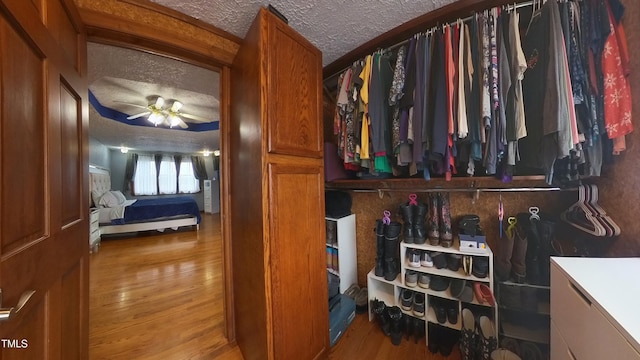 spacious closet with ceiling fan and light wood-type flooring