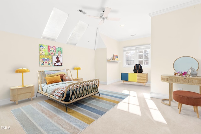 bedroom with light carpet, baseboards, visible vents, and crown molding