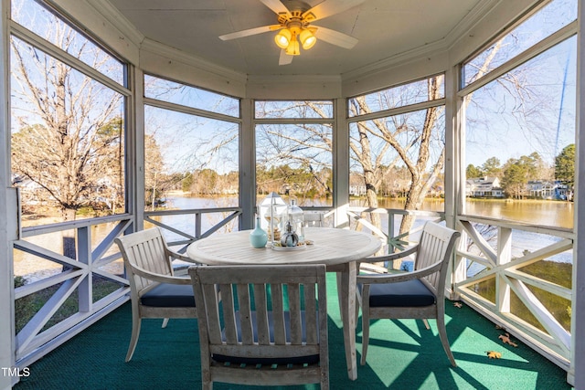 sunroom featuring ceiling fan and a water view