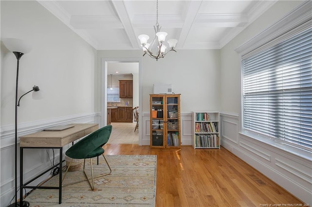 home office featuring coffered ceiling, light hardwood / wood-style flooring, beamed ceiling, a chandelier, and ornamental molding