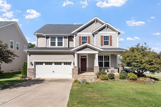 craftsman-style home featuring a front lawn, a porch, and a garage