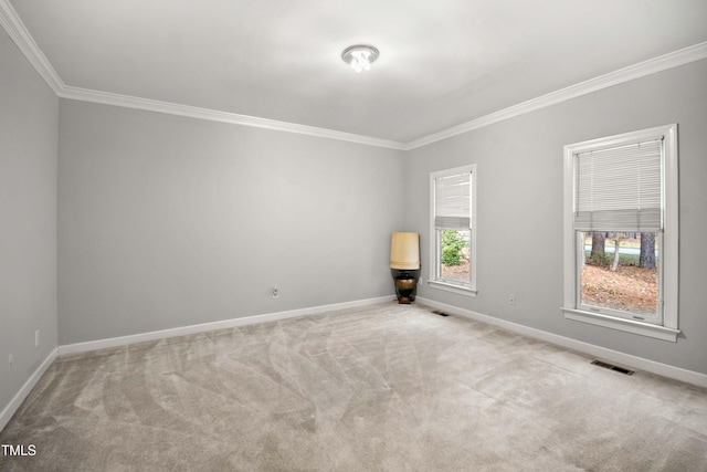 carpeted spare room featuring crown molding