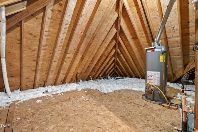 unfinished attic featuring water heater