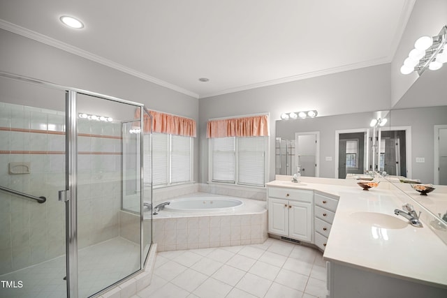 bathroom with independent shower and bath, vanity, tile patterned floors, and crown molding