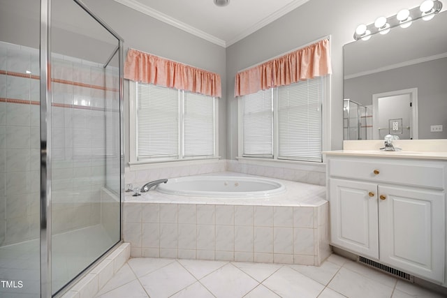 bathroom featuring tile patterned flooring, vanity, separate shower and tub, and crown molding