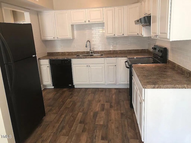 kitchen featuring black appliances, white cabinets, sink, decorative backsplash, and dark hardwood / wood-style flooring