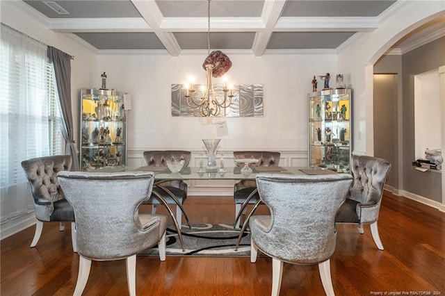 dining area featuring dark hardwood / wood-style flooring, ornamental molding, coffered ceiling, beam ceiling, and a chandelier