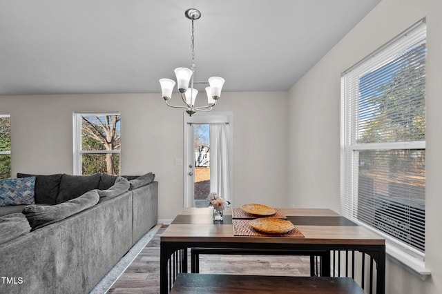 dining space featuring wood-type flooring, a wealth of natural light, and an inviting chandelier