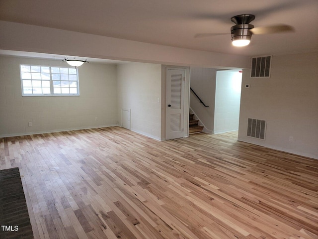 empty room with light wood-type flooring and ceiling fan