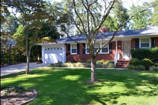 single story home featuring a front lawn and a garage